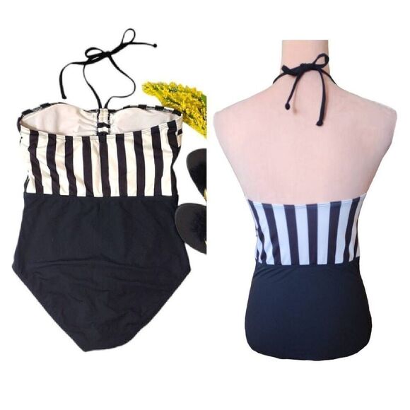 GUESS Black White High Waist Bandeau One Piece Swimsuit Medium - Picture 9 of 13